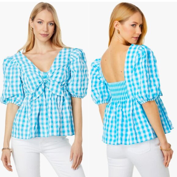 Lilly Pulitzer Tops - LILLY PULITZER Sarafina Crinkle Gingham Top Turquoise Oasis Blue Size 2
